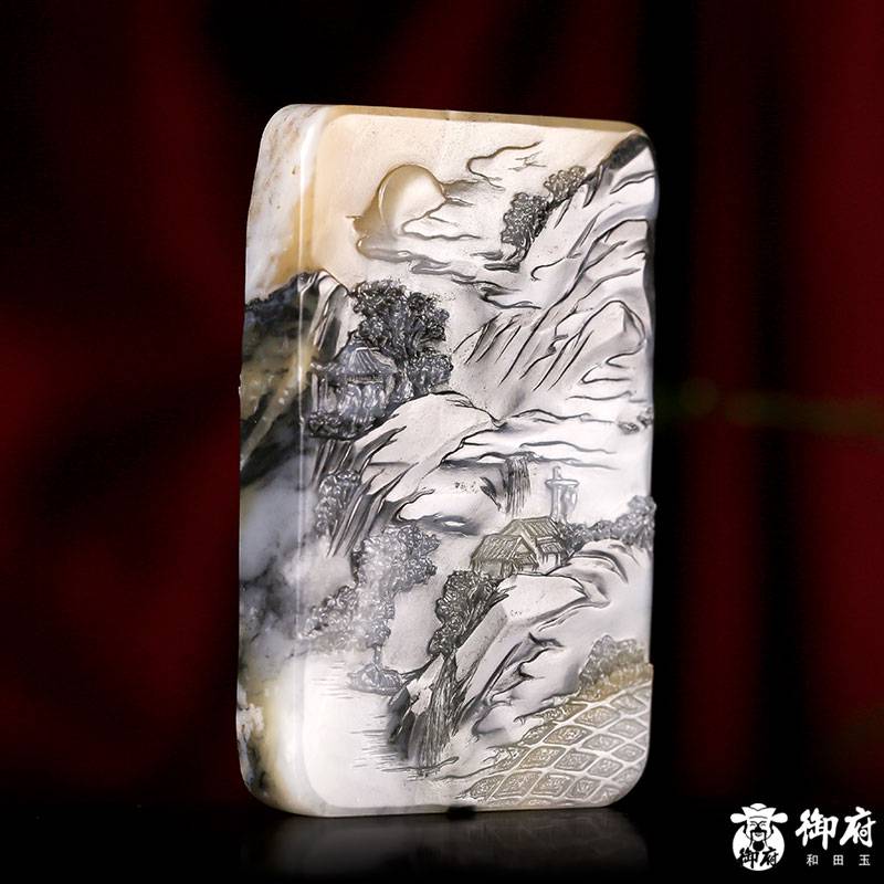 新疆和田玉原毛孔皮青花籽料玉牌 日落西山 105克 圖片4