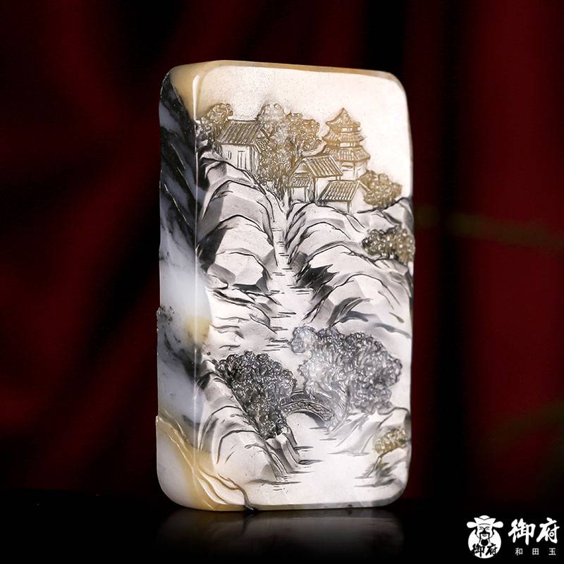 新疆和田玉原毛孔皮青花籽料玉牌 日落西山 105克 圖片5