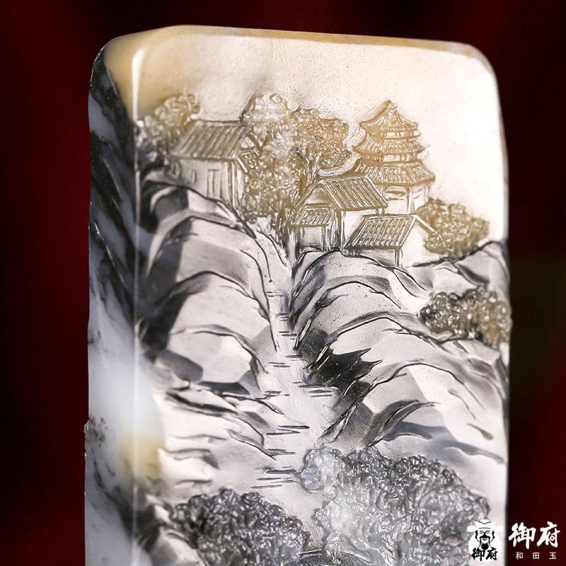 新疆和田玉原毛孔皮青花籽料玉牌 日落西山 105克 圖片6