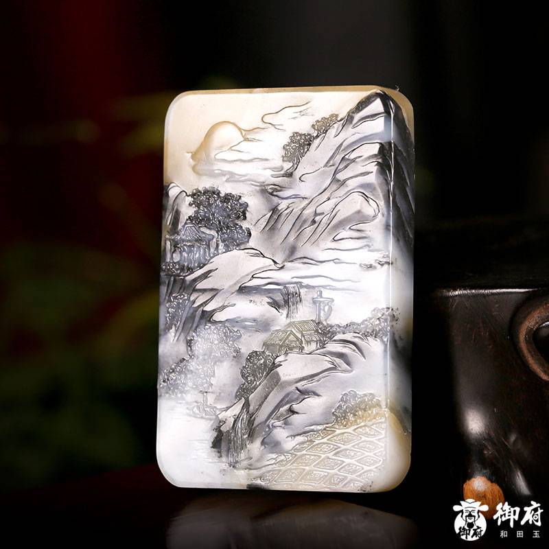 新疆和田玉原毛孔皮青花籽料玉牌 日落西山 105克 圖片7