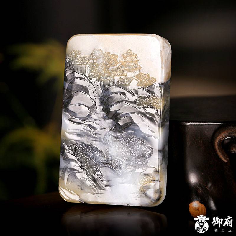 新疆和田玉原毛孔皮青花籽料玉牌 日落西山 105克 圖片8