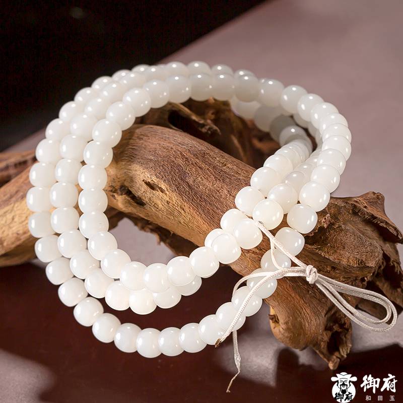 新疆和田玉原毛孔皮白玉籽玉108顆老型項鏈 80.5g 圖片4