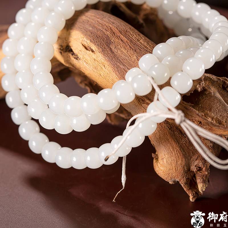 新疆和田玉原毛孔皮白玉籽玉108顆老型項鏈 80.5g 圖片6