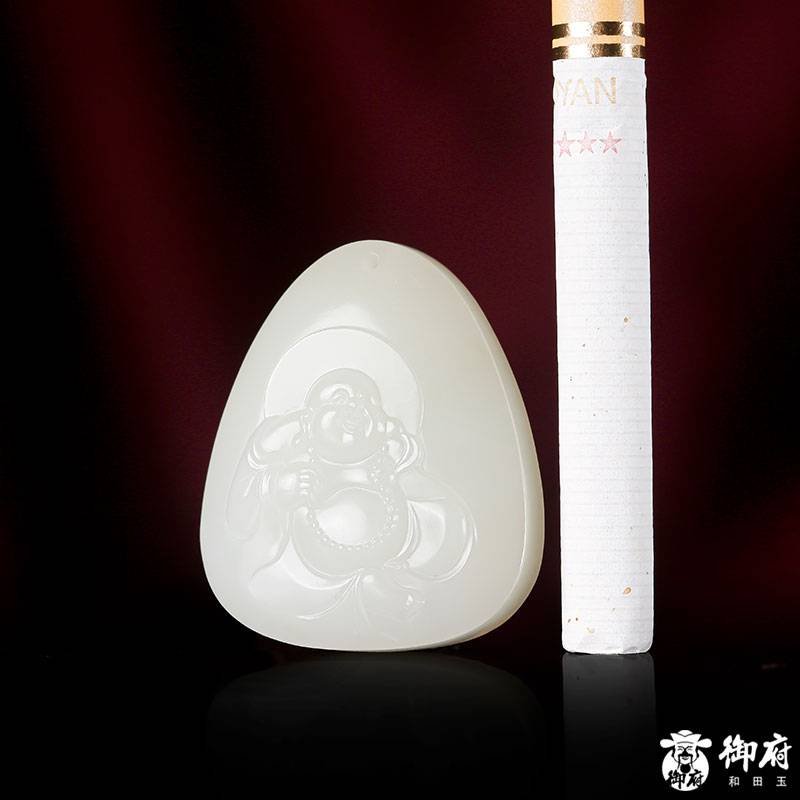 新疆和田玉原毛孔皮白玉籽玉掛件 彌勒笑佛 21.3克 圖片3