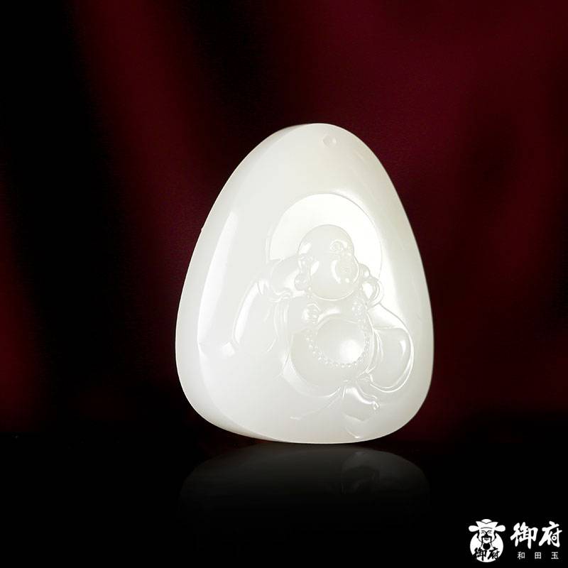 新疆和田玉原毛孔皮白玉籽玉掛件 彌勒笑佛 21.3克 圖片5