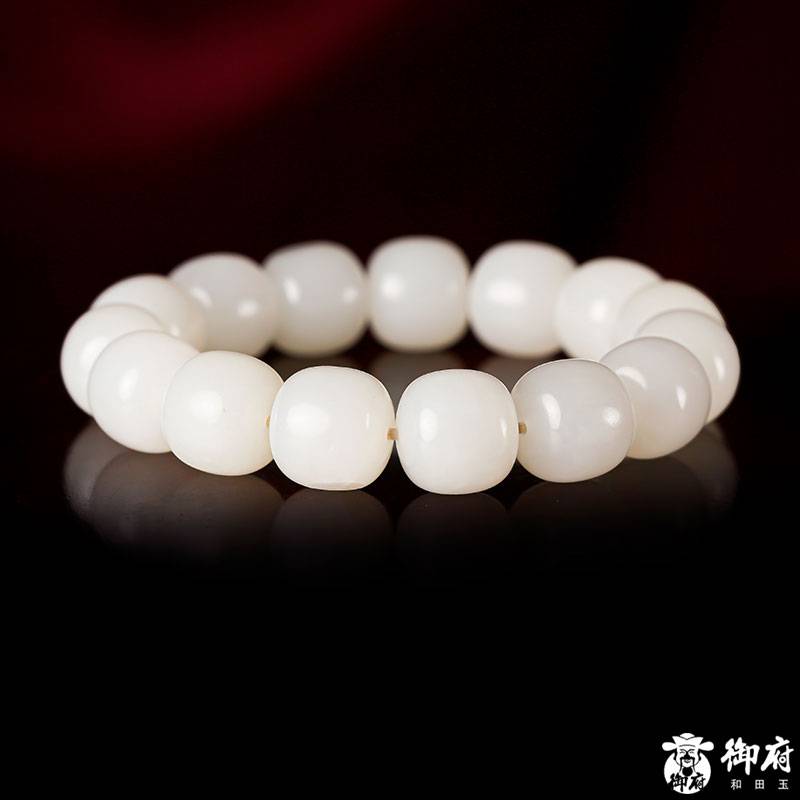 新疆和田玉原毛孔皮羊脂白玉籽玉桶珠手串 85.6克 圖片2