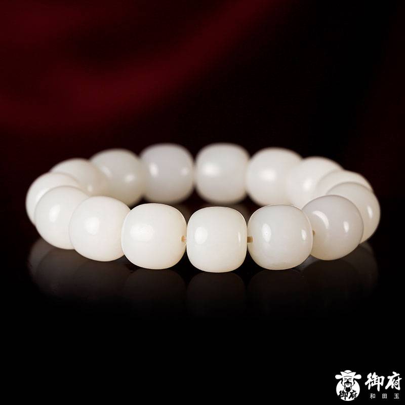 新疆和田玉原毛孔皮羊脂白玉籽玉桶珠手串 85.6克 圖片3