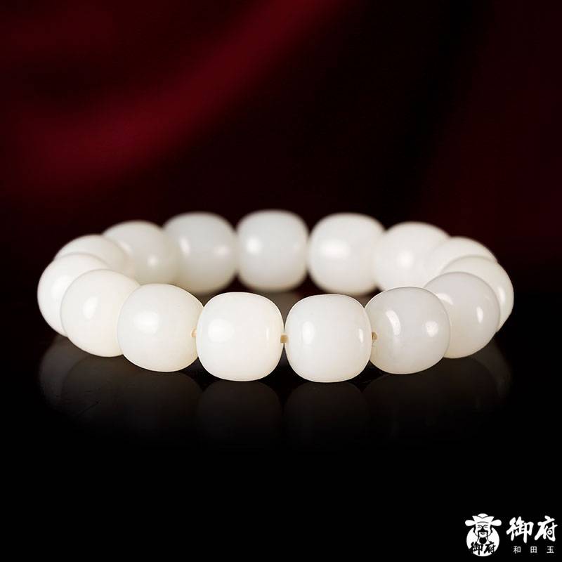 新疆和田玉原毛孔皮羊脂白玉籽玉桶珠手串 85.6克 圖片4
