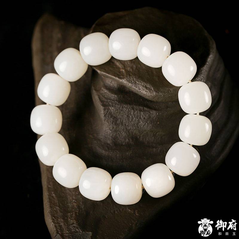 新疆和田玉原毛孔皮羊脂白玉籽玉桶珠手串 85.6克 圖片6