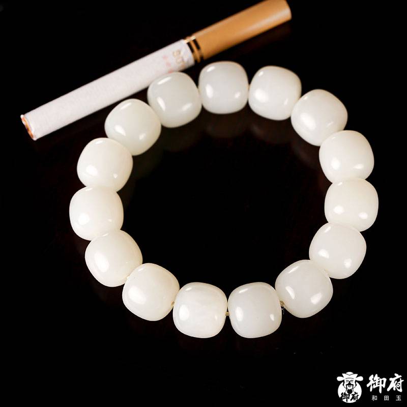 新疆和田玉原毛孔皮羊脂白玉籽玉桶珠手串 85.6克 圖片9