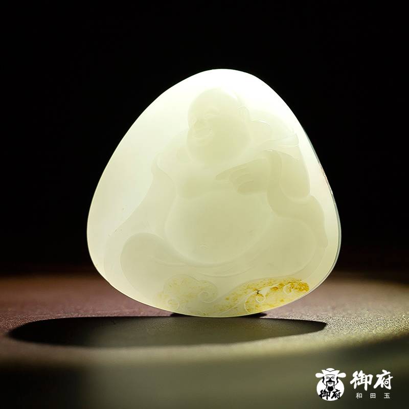 新疆和田玉灑金皮羊脂白玉籽玉掛件 如意彌勒 20.3克 圖片9