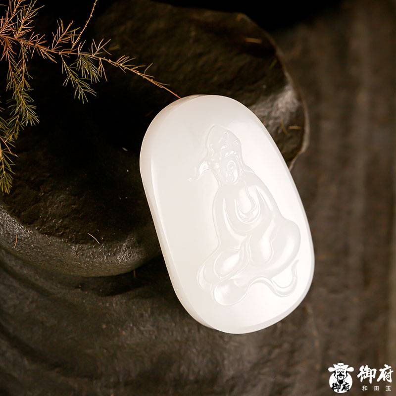 新疆和田玉原毛孔皮白玉籽玉玉牌 自在觀音 21.7克 圖片5