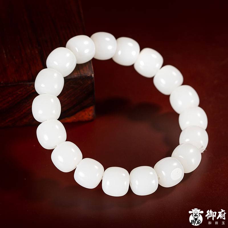 新疆和田玉羊脂白玉籽玉桶珠手鏈 圖片3