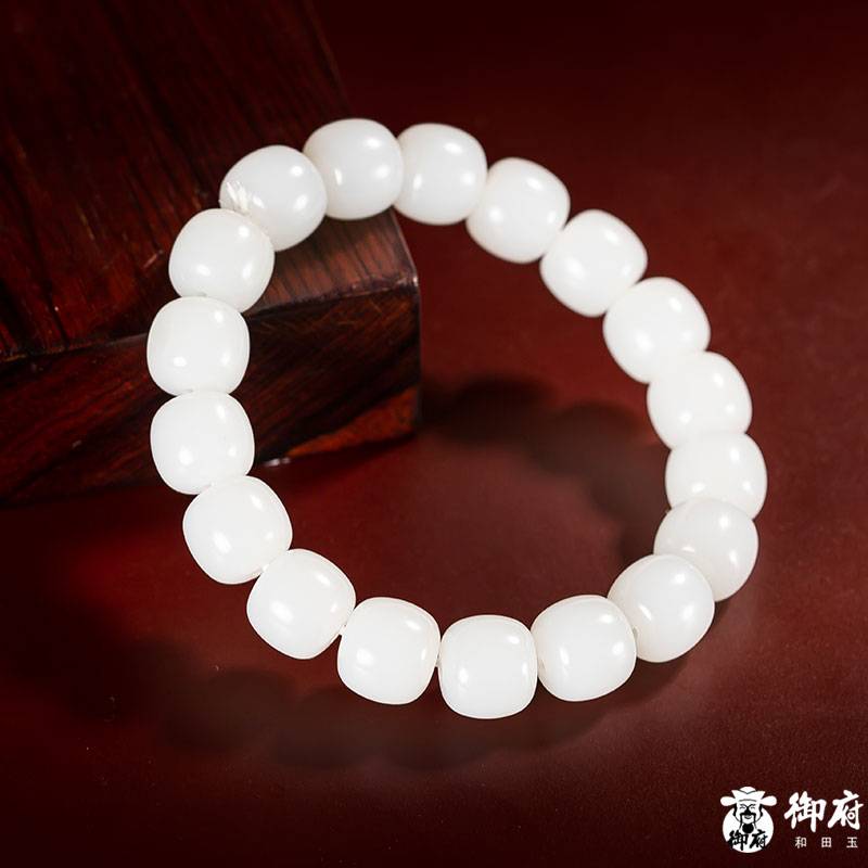 新疆和田玉羊脂白玉籽玉桶珠手鏈 圖片2