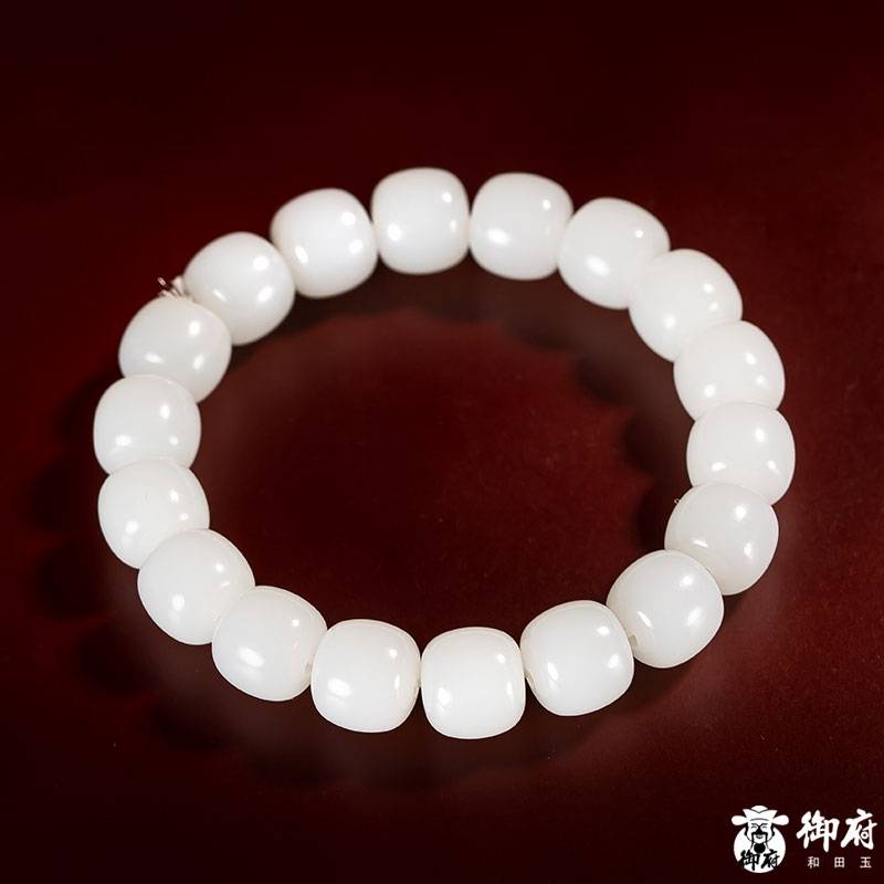 新疆和田玉羊脂白玉籽玉桶珠手鏈 圖片4