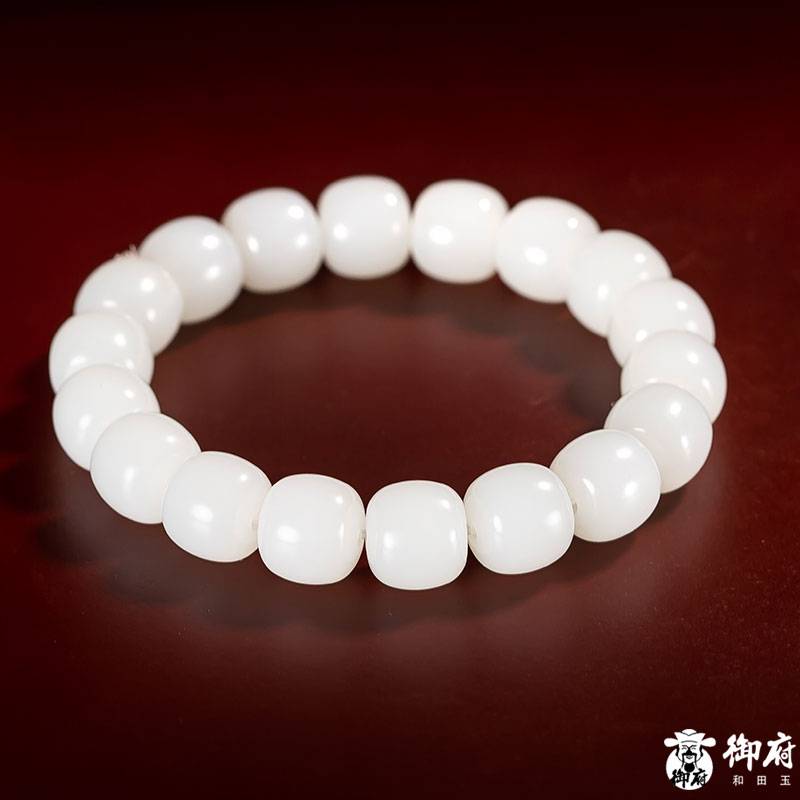 新疆和田玉羊脂白玉籽玉桶珠手鏈 圖片6