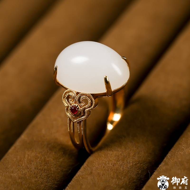 新疆和田玉18k金鑲白玉籽玉戒面 戒指 6.5克 圖片3