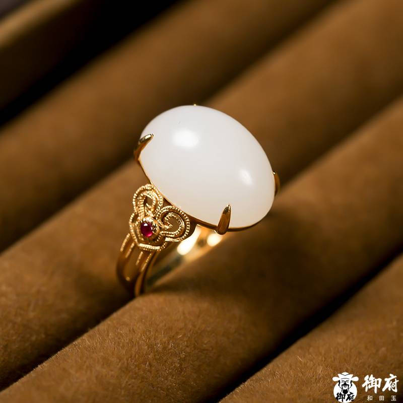 新疆和田玉18k金鑲白玉籽玉戒面 戒指 6.5克 圖片4