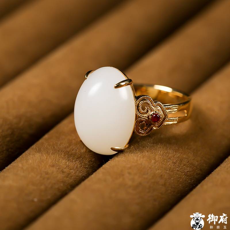 新疆和田玉18k金鑲白玉籽玉戒面 戒指 6.5克 圖片5