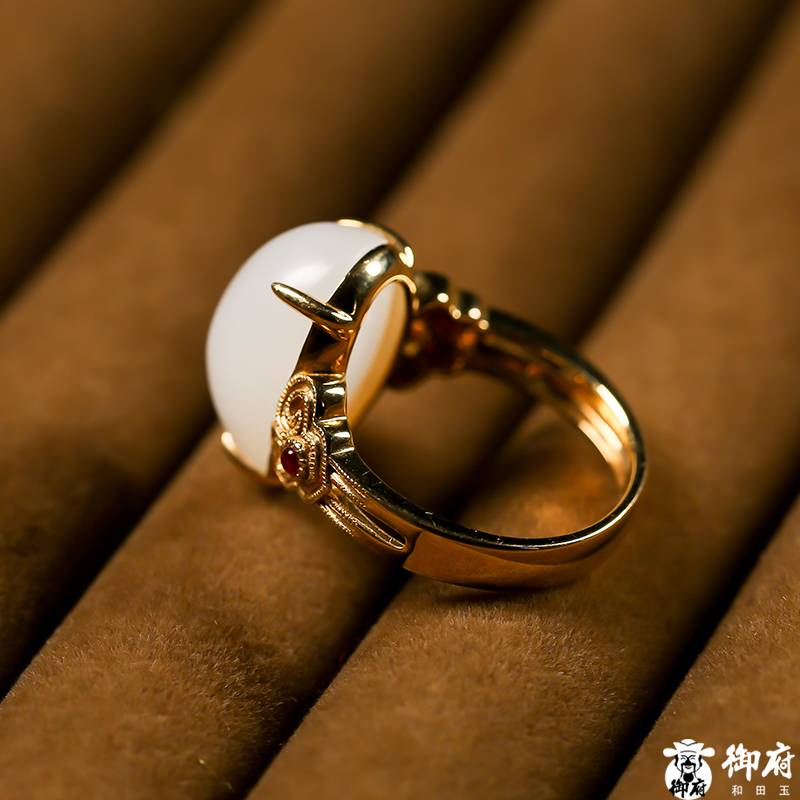 新疆和田玉18k金鑲白玉籽玉戒面 戒指 6.5克 圖片6