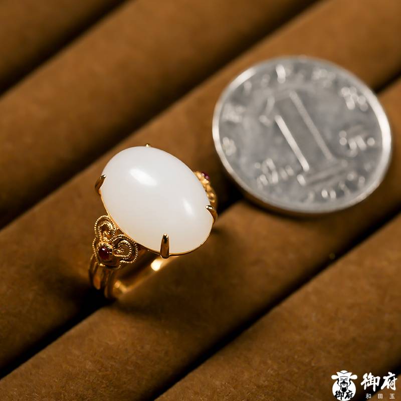 新疆和田玉18k金鑲白玉籽玉戒面 戒指 6.5克 圖片7