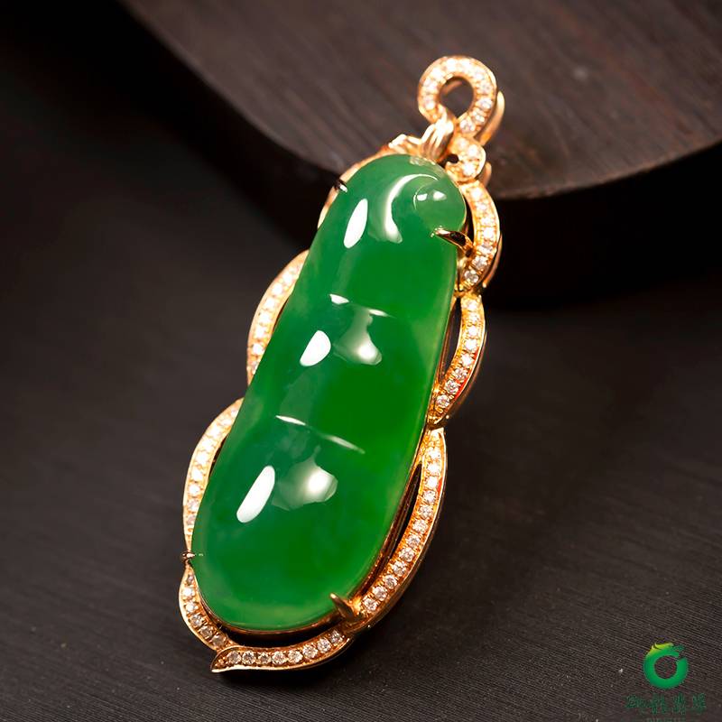 緬甸翡翠A貨18k金鑲掛件 四季豆 圖片5