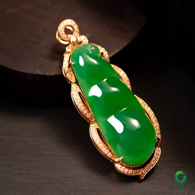 緬甸翡翠A貨18k金鑲掛件 四季豆 圖片4