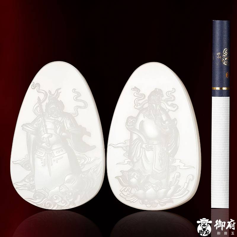 新疆和田玉灑金皮一級白玉籽玉對牌 文武財神 99.2克 圖片5