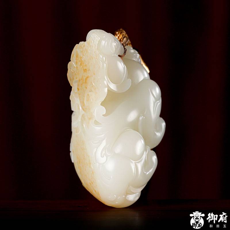 新疆和田原毛孔皮黃皮白玉籽玉把件 貔貅 92克 圖片5