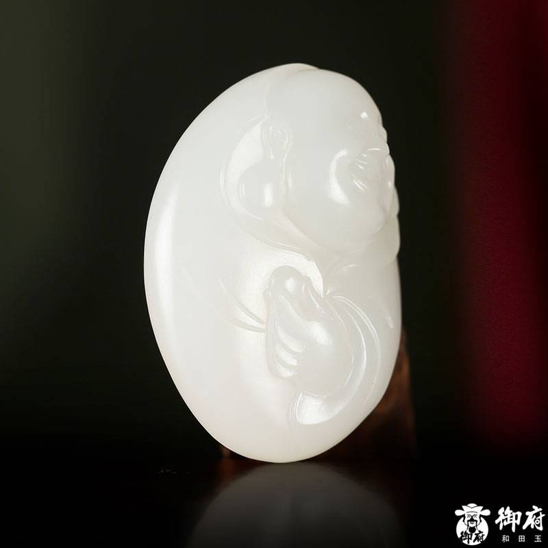 新疆和田玉黄皮白玉籽玉 弥勒挂件 16.4克 图片7