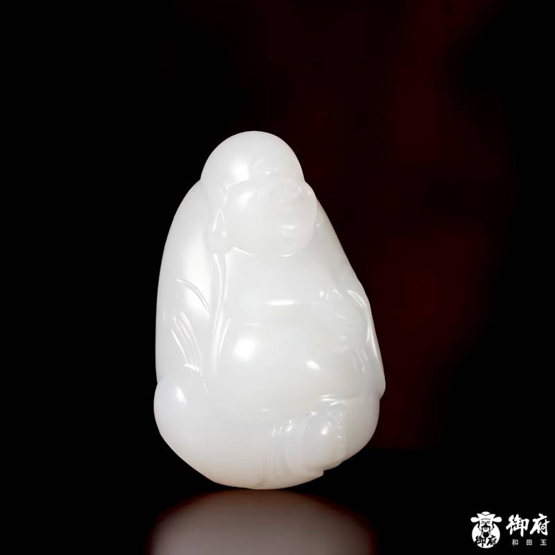 新疆和田玉原毛孔皮白玉籽玉 挂件 福满笑佛 9.7克 图片5