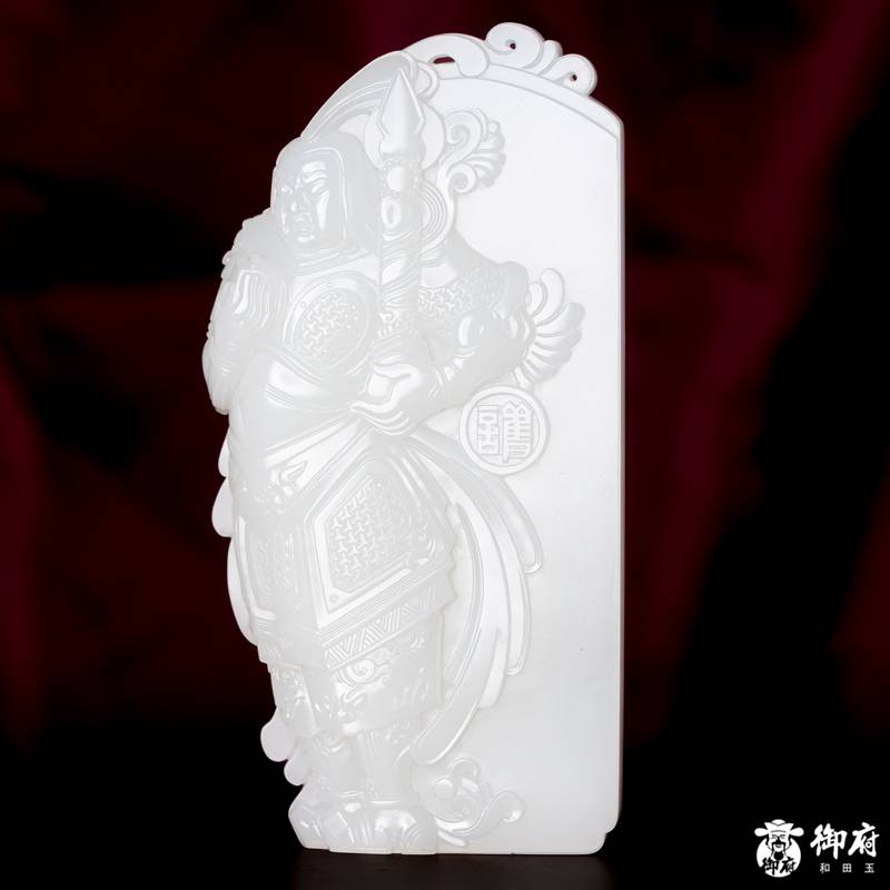 海派玉雕大师付雪飞作品 重231.8克 新疆和田玉原毛孔皮白玉籽料摆件 韦陀天尊 图片4