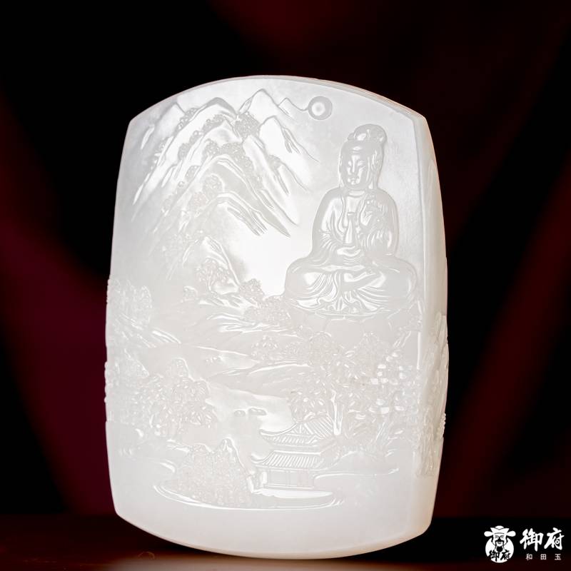 海派玉雕大师付雪飞作品 重 202克新疆和田玉洒金皮白玉籽玉把件 水月禅心