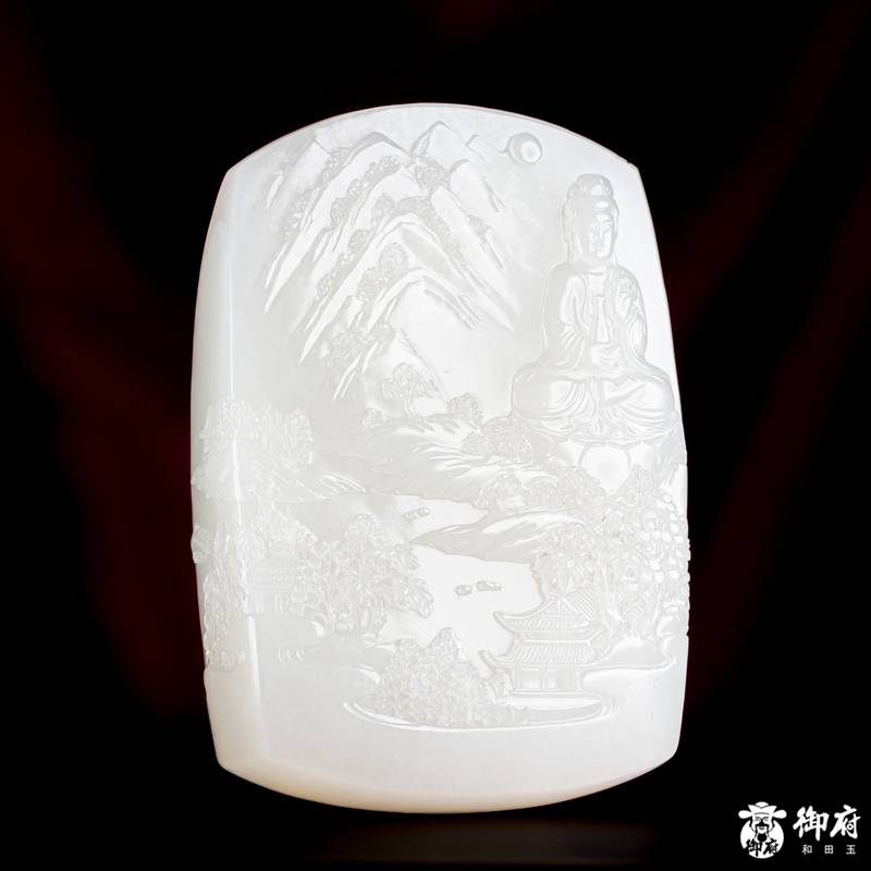 海派玉雕大师付雪飞作品 重 202克新疆和田玉洒金皮白玉籽玉把件 水月禅心 图片4