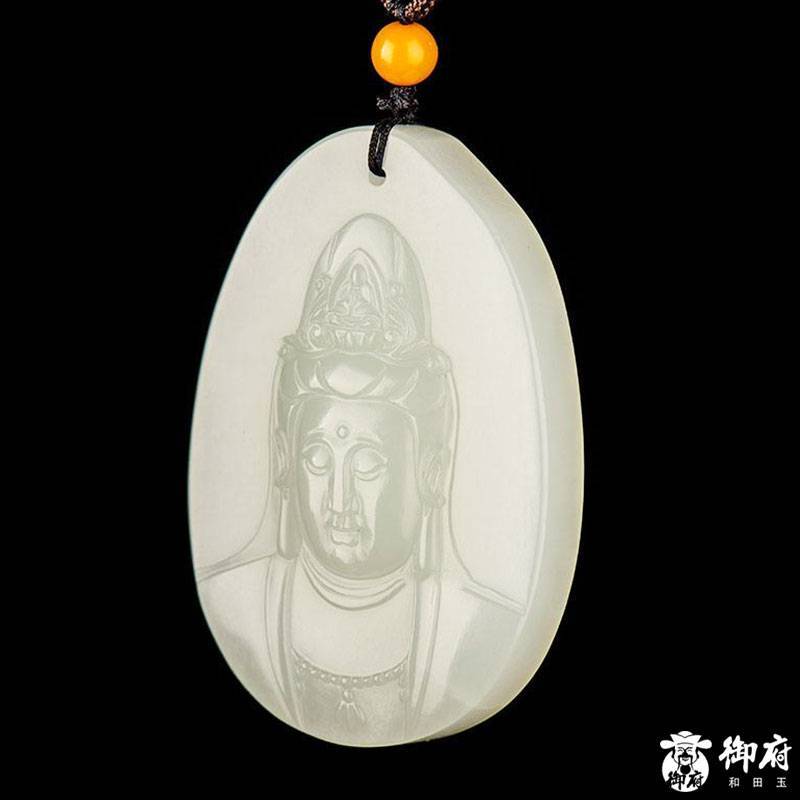 新疆和田玉原毛孔皮白玉籽玉玉牌 观音 29.5克 图片11