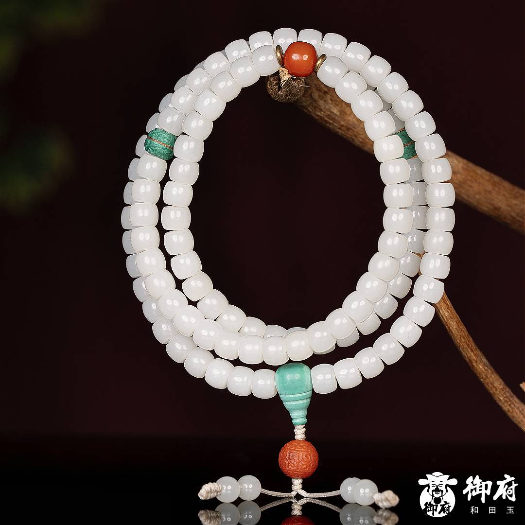 新疆和田玉白玉 项链 108念珠  57.5克 图片2