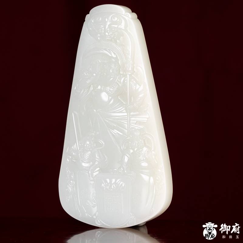 海派玉雕大师付雪飞工作室 重347.5克 新疆和田玉原毛孔皮白玉籽玉摆件 关帝圣君