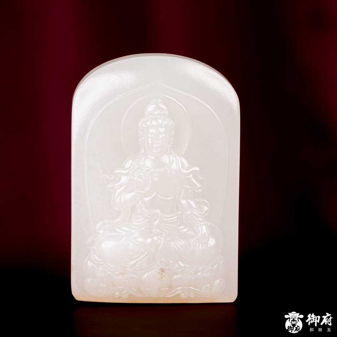 新疆和田玉洒金皮白玉籽玉挂件 坐莲观音 29.1克