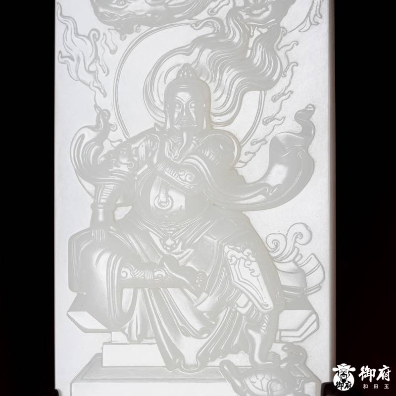 海派玉雕大师付雪飞工作室作品 新疆和田玉原毛孔皮羊脂白玉籽料摆件  真武大帝 269克 图片5
