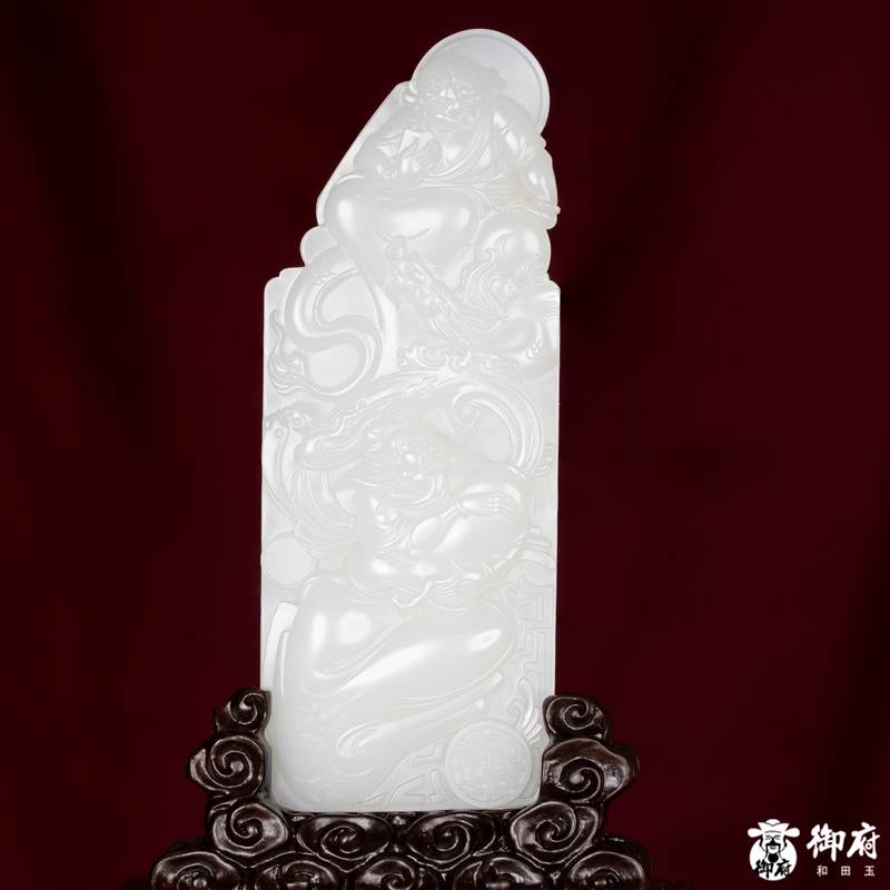 海派玉雕大师付雪飞工作室 重255.8克 新疆和田玉原毛孔皮羊脂白玉籽料摆件 管鲍之交 缩略图4