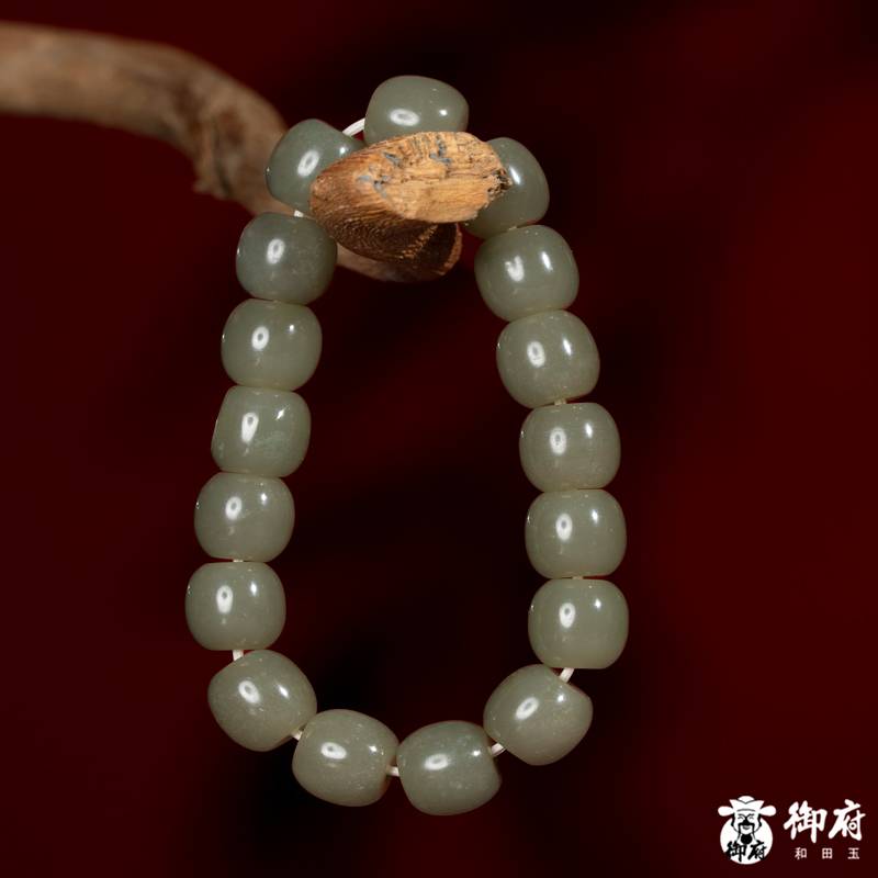 新疆和田玉青玉籽玉桶珠手串 46克 图片3