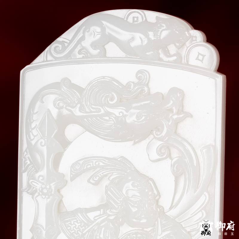 海派玉雕大师付雪飞工作室 重354.2克 新疆和田玉原毛孔皮白玉籽料摆件 韦陀天尊&middot;护法降魔 图片4