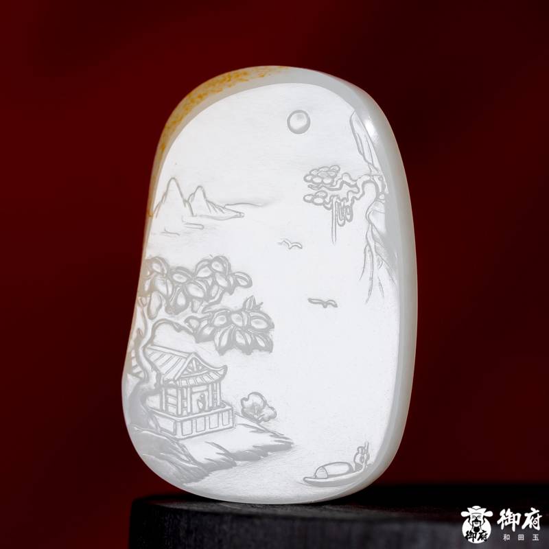 新疆和田玉洒金皮白玉籽玉玉牌 溪山揽胜 37.1克 图片2