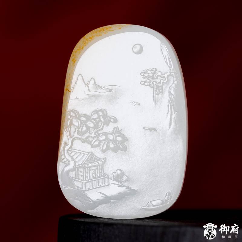 新疆和田玉洒金皮白玉籽玉玉牌 溪山揽胜 37.1克