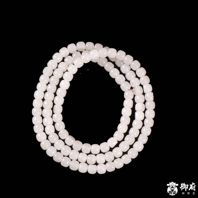 新疆和田玉原毛孔皮白玉籽玉108桶珠项链 89.5克