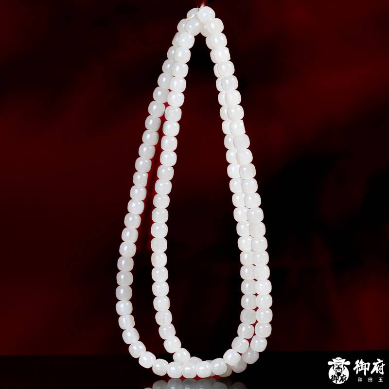 新疆和田玉原毛孔皮白玉籽玉108桶珠项链 89.5克 图片6