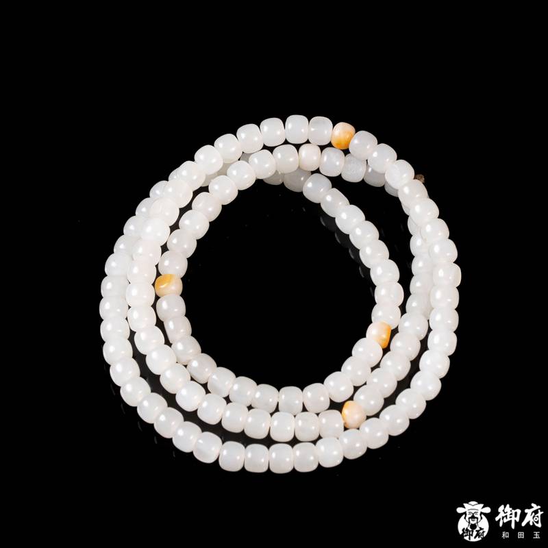 新疆和田玉黄皮白玉籽玉108桶珠项链 41.2克 图片11