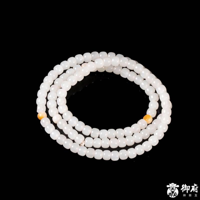 新疆和田玉黄皮白玉籽玉108桶珠项链 41.2克 图片9