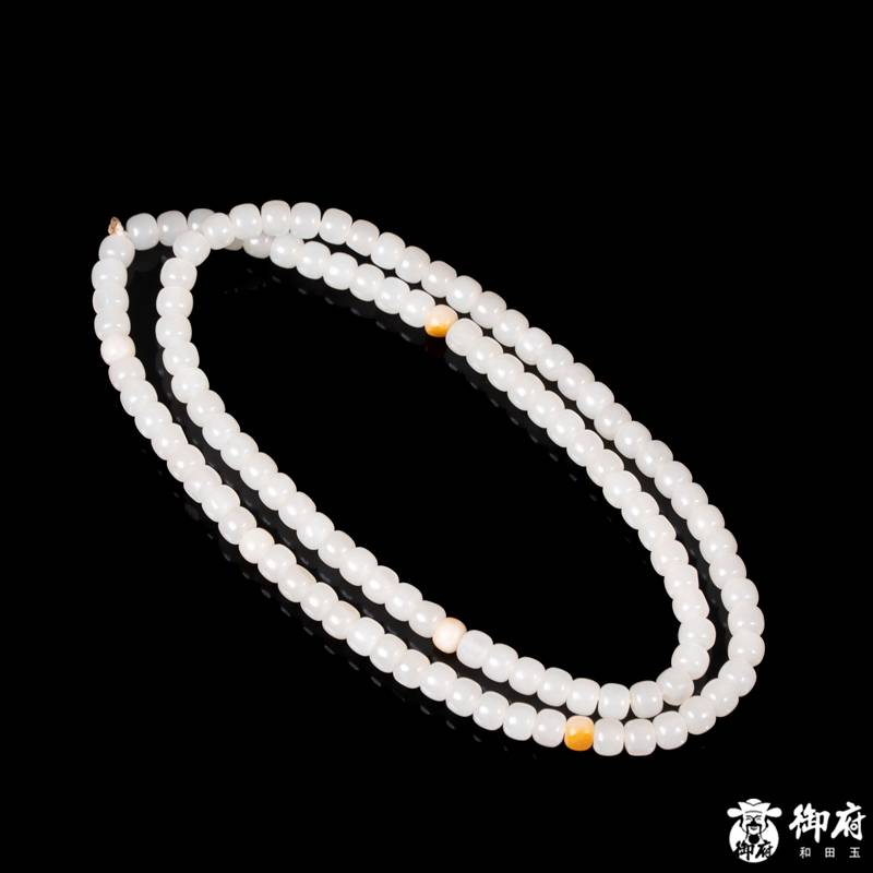新疆和田玉黄皮白玉籽玉108桶珠项链 41.2克 图片8