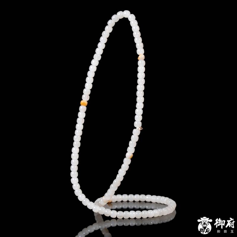 新疆和田玉黄皮白玉籽玉108桶珠项链 41.2克